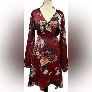 LuLus Floral Wrap Dress in Burgundy and Teal Size Women’s Large
